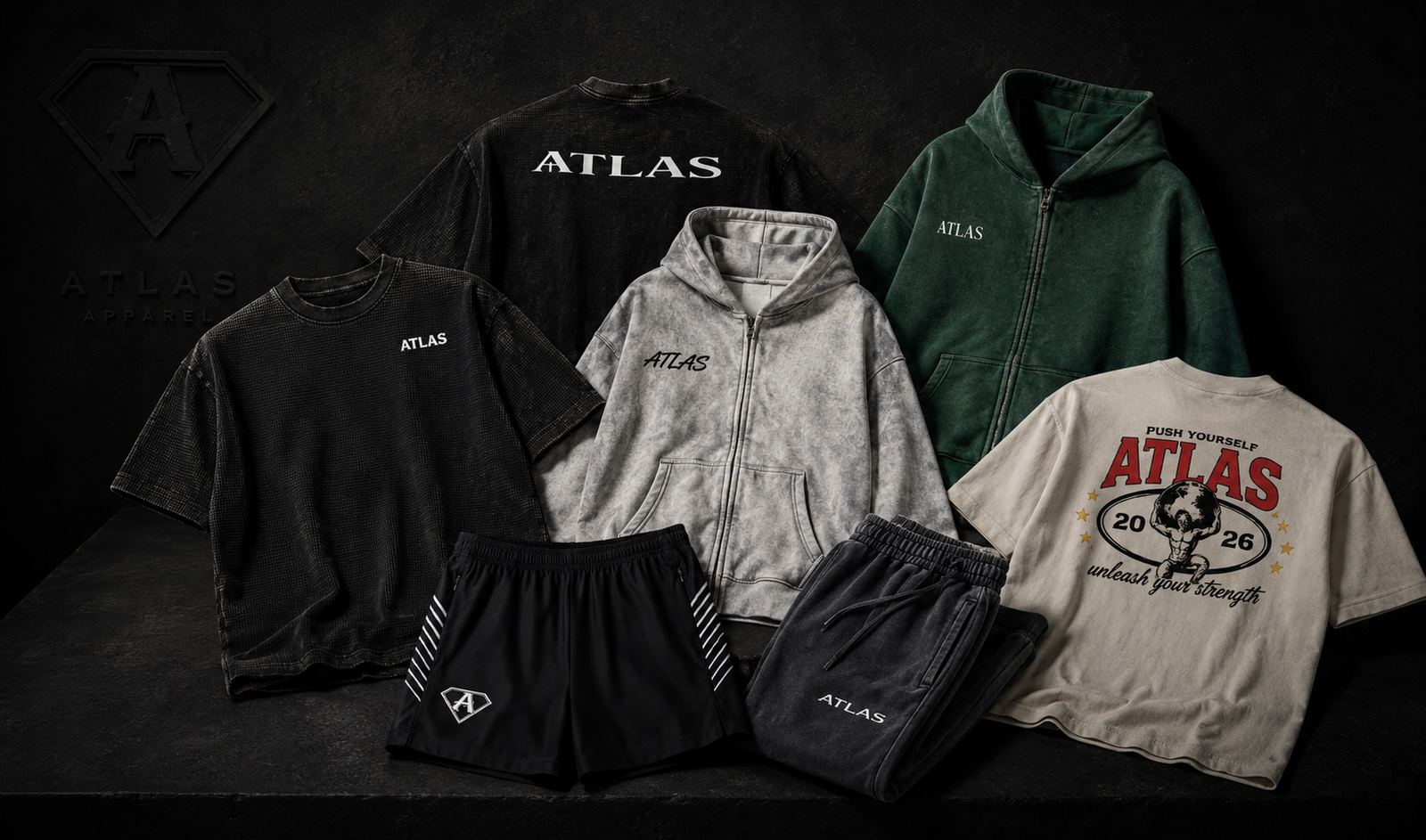 Atlas men's collection — tees, zip-ups, hoodies, shorts and sweats